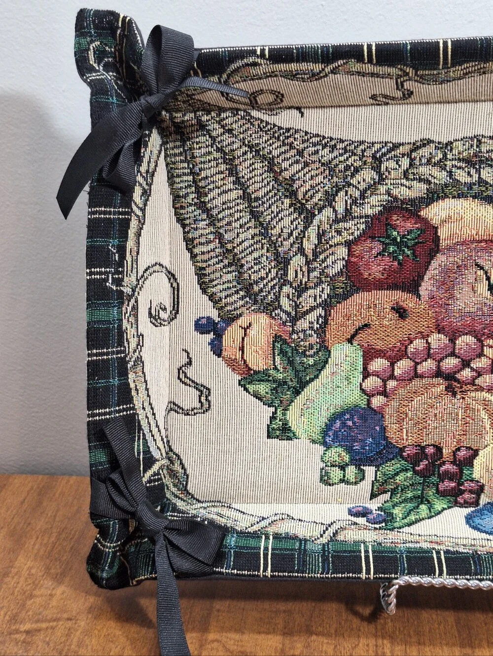 Fall Harvest Woven Tapestry Plaid Tray Bread Basket Cornucopia Fruit Decor 15x10